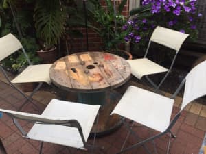 5-Piece Outdoor Setting. 1 Large Round Cable Reel & 4 Metal Chairs