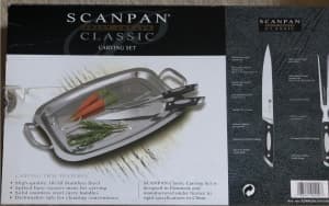 Scanpan 44cm carving tray, 20cm carving knife and carving fork NEW