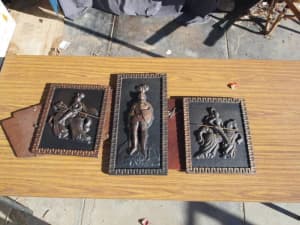 Mid Century Trio of wall art works Knights copper look 520 x250