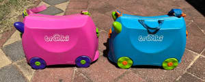 2 x TRUNKI kids travel luggage, cases, ride-on, 1 x pink and 1 x blue