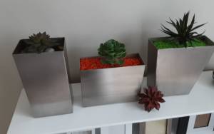 Stainless Plant Pots with Artificial Succulent Inside or Outside Use.