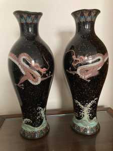Pair of Large Antique Chinese or Japanese Cloisonne Vases