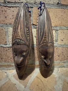 1960s Pair of Vintage Papua New Guinea Carved Ancestor Wooden Masks