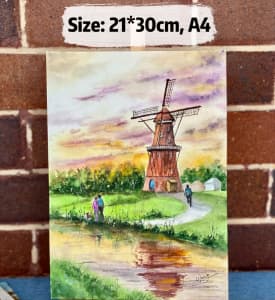 Dutch windmill- hand drawn watercolor painting