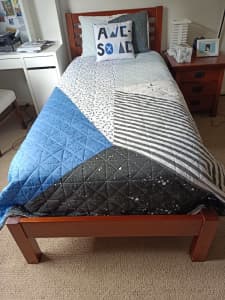 Australian single timber bed including mattress and quilt cover 