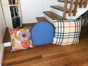 Cushions. Large 600cm square tartan covered, blue 1/2 mon cushion, etc