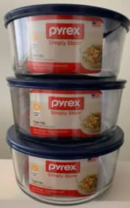 3X Pyrex Simply Store 1.65L round glass storage w blue lid - brand new