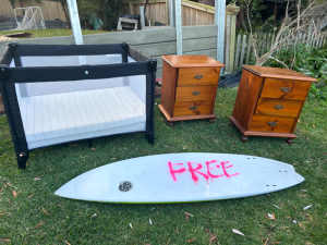 Bed side tables, porta cot, surfboard 6