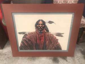 Framed sketch under glass of male red Indian