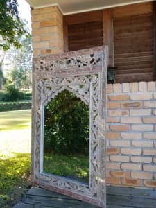 Mirror Wooden Carving White Wash Finish Balinese Style