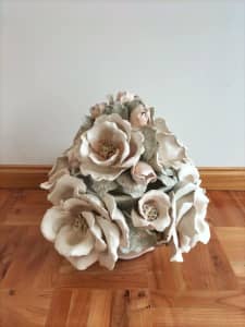 Large Clay Pot with majolica Roses and top Lead