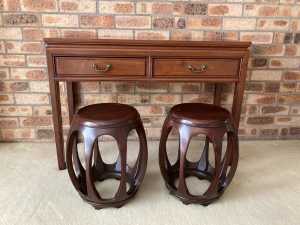 Chinese vintage mahogany desk side table buffet w/ 2 stools solid wood