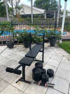Gym Equipment - Weights Bench with long bar and weights