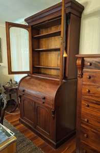 Victorian mahogany roll top desk / bookcase, glazed doors & Storage