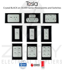 Tesla Crystal Black on Silver Powerpoints & Switches (GLASSLOOK)