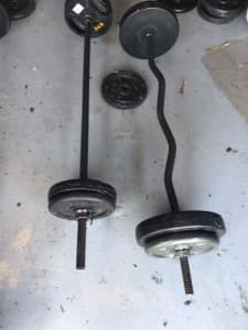 Two long bar with weights very good condition one is curly bar