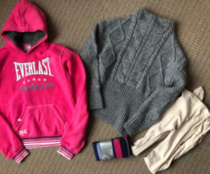 All NEW Girls size 13-14 Hoodie, Cable knit, 2 tights