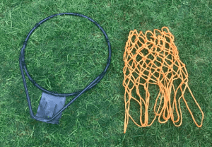 Used, black colour, steel, basketball ring and orange coloured net