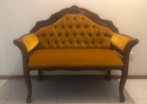 CHAISE. CASA MIA. GOLD COLOR, VELVET UPHOLSTERY. IMPORTED FROM ITALY.