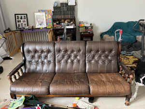 70s lecornu genuine leather, timber & feather lounge