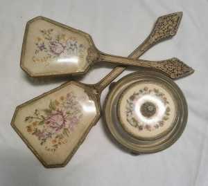 Vintage embroidered dressing table set- brush, mirror glass trinket 