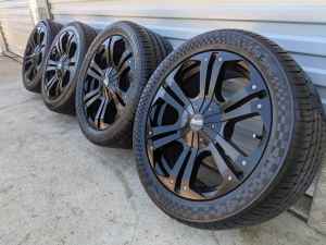 18 INCH ADVANTI 6 STUD 2WD UTE WHEELS AND TYRES BLACK 18X8 WIDE TYRES