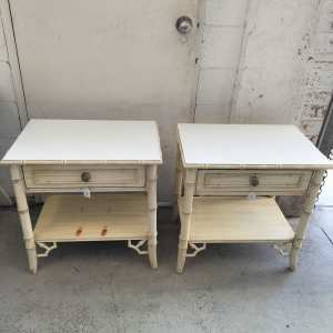 Pair of Thomasville Faux Bamboo Hollywood Regency bedside tables. 