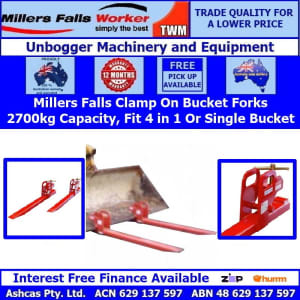Millers Falls 2700kg Loader / Bobcat Bucket Fork Attachments Clamp On