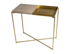 GILMORE SPACE IRIS' BRASS CONSOLE TABLE WITH TRAY
