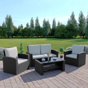 4Seater Rattan Wicker Sofa Set Outdoor Furniture Lounge Glass TopTable