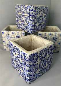New Blue White Tile Print Square Plant Pots Set of 4