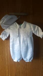Baby Boy Christening / Naming Day White Romper, Vest and Hat (Size 0-1