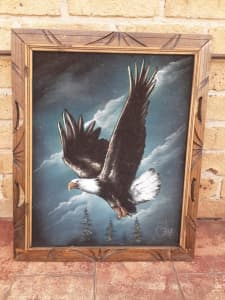 Oil Painting Canvas American Bold Eagle Bird Timber Frame Art Antique