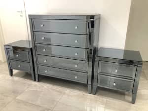 Smokey black mirrored side cupboards and tall boy chest of drawers