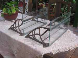 Pair Vintage Glass Shelf Wall Mounted Metal Scrolls (VG Condition)