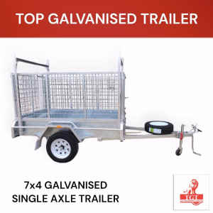 7x4 Single Axle Galvanised Box Trailer with 900mm Cage, Ladder Racks