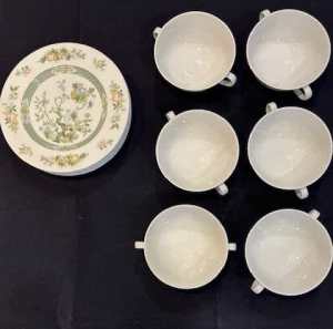 Royal Doulton plates and cream soup bowls, set of six, Tonkin design