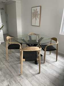 Glass circular dining table and 4 chairs