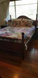 Queen bed with mattress and mirror dresser