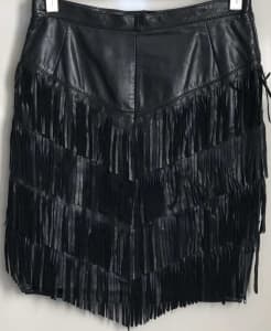 Italian Gaban Black Fringed Leather Skirt with Zip Slit Sides IT44