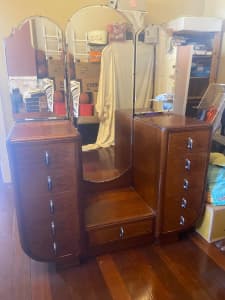 Antique Art Deco Walnut Dresser with 3 Bevelled Mirrors