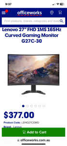 Lenovo 165hz 27” 1ms Curved Gaming Monitor