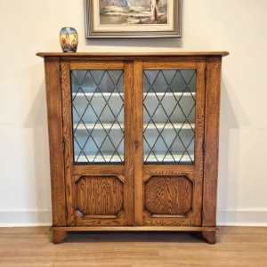 Antique Tudor Jacobean Oak Leadlight Display Cabinet / Bookcase.C1920s