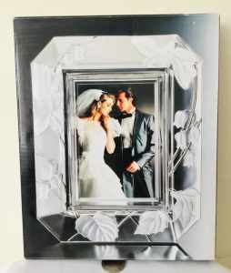 New, boxed etched glass photo frame.