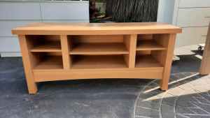 Low profile wood look TV unit with adjustable shelves