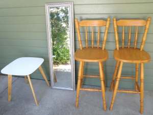 2 Timber High Chairs, Lamp Table (Sven), Long Mirror, from $5 each