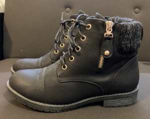 Brand new, never used black faux leather luxe hiking style boots