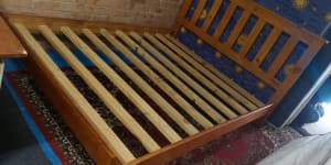 Timber queen size bedframe with timber slats good condition