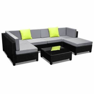 MONACO 7PCS Garden Outdoor Black PE Wicker Sofa Set - SHFF-BONDI-BK-ABCD