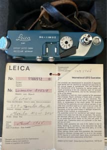Leica M4 Film Camera Repainted Blue with paper and strap